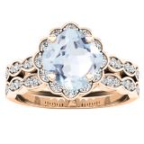 10K Rose Gold 7 MM Cushion Aquamarine & Round Diamond Ladies Halo Engagement Ring Set