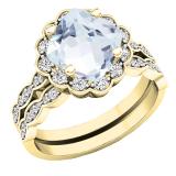 10K Yellow Gold 7 MM Cushion Aquamarine & Round Diamond Ladies Halo Engagement Ring Set