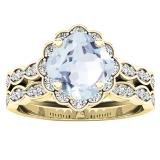 10K Yellow Gold 7 MM Cushion Aquamarine & Round Diamond Ladies Halo Engagement Ring Set