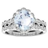 14K White Gold 7 MM Cushion Aquamarine & Round Diamond Ladies Halo Engagement Ring Set
