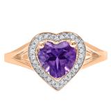 10K Rose Gold 7 MM Heart Amethyst And Round Diamond Ladies Split Shank Bridal Engagement Ring