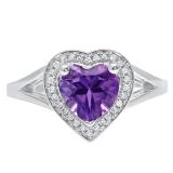 10K White Gold 7 MM Heart Amethyst And Round Diamond Ladies Split Shank Bridal Engagement Ring