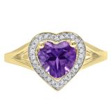 10K Yellow Gold 7 MM Heart Amethyst And Round Diamond Ladies Split Shank Bridal Engagement Ring