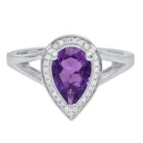 10K White Gold 9X6 MM Pear Amethyst And Round Diamond Ladies Split Shank Bridal Engagement Ring