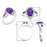 10K White Gold 9X6 MM Pear Amethyst And Round Diamond Ladies Split Shank Bridal Engagement Ring