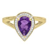 10K Yellow Gold 9X6 MM Pear Amethyst And Round Diamond Ladies Split Shank Bridal Engagement Ring