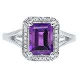 14K White Gold 8X6 MM Emerald Amethyst And Round Diamond Ladies Split Shank Bridal Engagement Ring