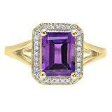 14K Yellow Gold 8X6 MM Emerald Amethyst And Round Diamond Ladies Split Shank Bridal Engagement Ring