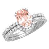 14K White Gold 8X6 MM Oval Morganite And Round Diamond Ladies Engagement Ring Set