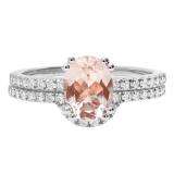 14K White Gold 8X6 MM Oval Morganite And Round Diamond Ladies Engagement Ring Set