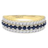 10K Yellow Gold Round Blue Sapphire And White Diamond Ladies Anniversary Wedding Band