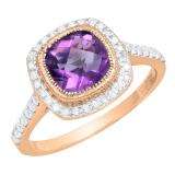 10K Rose Gold 7 MM Cushion Amethyst & Round White Diamond Ladies Bridal Halo Engagement Ring