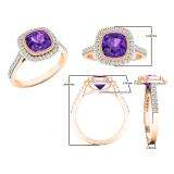 10K Rose Gold 7 MM Cushion Amethyst & Round White Diamond Ladies Bridal Halo Engagement Ring