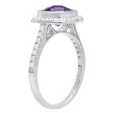 10K White Gold 7 MM Cushion Amethyst & Round White Diamond Ladies Bridal Halo Engagement Ring