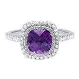 10K White Gold 7 MM Cushion Amethyst & Round White Diamond Ladies Bridal Halo Engagement Ring
