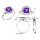 10K White Gold 7 MM Cushion Amethyst & Round White Diamond Ladies Bridal Halo Engagement Ring