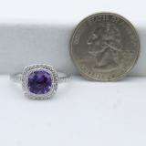 10K White Gold 7 MM Cushion Amethyst & Round White Diamond Ladies Bridal Halo Engagement Ring