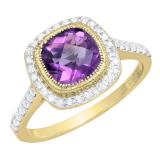10K Yellow Gold 7 MM Cushion Amethyst & Round White Diamond Ladies Bridal Halo Engagement Ring