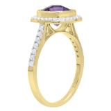 10K Yellow Gold 7 MM Cushion Amethyst & Round White Diamond Ladies Bridal Halo Engagement Ring