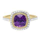 10K Yellow Gold 7 MM Cushion Amethyst & Round White Diamond Ladies Bridal Halo Engagement Ring