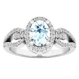 Sterling Silver 7X5 MM Oval Aquamarine & Round White Diamond Bridal Halo Engagement Ring
