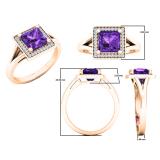 10K Rose Gold 6 MM Princess Amethyst & Round Diamond Ladies Halo Style Bridal Engagement Ring