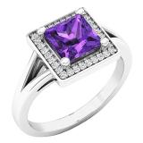 10K White Gold 6 MM Princess Amethyst & Round Diamond Ladies Halo Style Bridal Engagement Ring