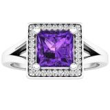 10K White Gold 6 MM Princess Amethyst & Round Diamond Ladies Halo Style Bridal Engagement Ring