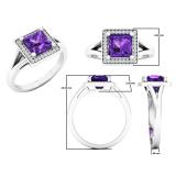10K White Gold 6 MM Princess Amethyst & Round Diamond Ladies Halo Style Bridal Engagement Ring