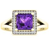 10K Yellow Gold 6 MM Princess Amethyst & Round Diamond Ladies Halo Style Bridal Engagement Ring