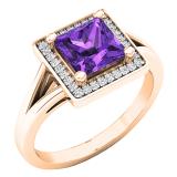 18K Rose Gold 6 MM Princess Amethyst & Round Diamond Ladies Halo Style Bridal Engagement Ring