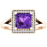 18K Rose Gold 6 MM Princess Amethyst & Round Diamond Ladies Halo Style Bridal Engagement Ring
