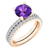 10K Rose Gold 7 MM Round Amethyst & White Diamond Ladies Bridal Engagement Ring Sets