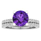 10K White Gold 7 MM Round Amethyst & White Diamond Ladies Bridal Engagement Ring Sets