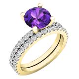 10K Yellow Gold 7 MM Round Amethyst & White Diamond Ladies Bridal Engagement Ring Sets