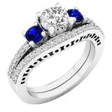 10K White Gold 5.5 MM Round White SapphireBlue Sapphire & Diamond Ladies Engagement Ring Set