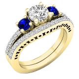 10K Yellow Gold 5.5 MM Round White SapphireBlue Sapphire & Diamond Ladies Engagement Ring Set