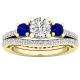 10K Yellow Gold 5.5 MM Round White SapphireBlue Sapphire & Diamond Ladies Engagement Ring Set