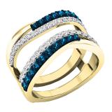 0.90 Carat (ctw) 10K Yellow Gold Round White & Blue Diamond Ladies Wedding Band Guard Double Ring