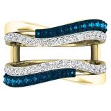 0.90 Carat (ctw) 10K Yellow Gold Round White & Blue Diamond Ladies Wedding Band Guard Double Ring