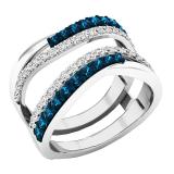 0.90 Carat (ctw) 14K White Gold Round White & Blue Diamond Ladies Wedding Band Guard Double Ring