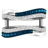 0.90 Carat (ctw) 14K White Gold Round White & Blue Diamond Ladies Wedding Band Guard Double Ring