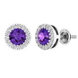 10K White Gold 5 MM Each Round Amethyst & White Diamond Ladies Halo Stud Earrings