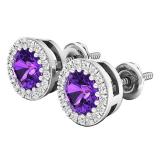 10K White Gold 5 MM Each Round Amethyst & White Diamond Ladies Halo Stud Earrings