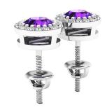 10K White Gold 5 MM Each Round Amethyst & White Diamond Ladies Halo Stud Earrings