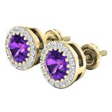 14K Yellow Gold 5 MM Each Round Amethyst & White Diamond Ladies Halo Stud Earrings
