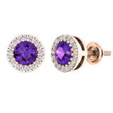 18K Rose Gold 5 MM Each Round Amethyst & White Diamond Ladies Halo Stud Earrings