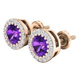 18K Rose Gold 5 MM Each Round Amethyst & White Diamond Ladies Halo Stud Earrings