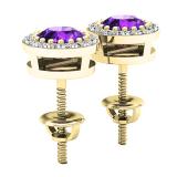 18K Yellow Gold 5 MM Each Round Amethyst & White Diamond Ladies Halo Stud Earrings