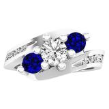 10K White Gold Round Blue Sapphire And White Diamond Ladies Swirl 3 Stone Bridal Engagement Ring